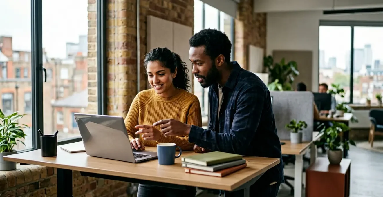 Two mobile developers collaborating in a modern London tech startup workspace, reviewing code on laptops