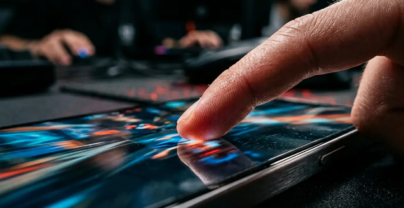 Close-up of a gamer's finger making precise contact with a mobile phone gaming screen during competitive gameplay