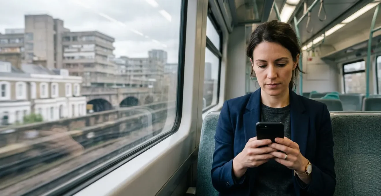 Professional commuter typing on smartphone with clear haptic feedback visualization during morning commute