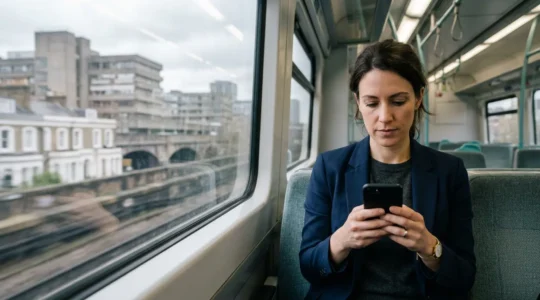 Professional commuter typing on smartphone with clear haptic feedback visualization during morning commute