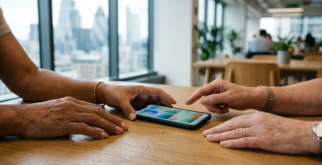 Professional hands interact with accessible mobile interface elements demonstrating inclusive design principles