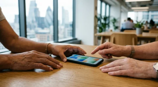 Professional hands interact with accessible mobile interface elements demonstrating inclusive design principles