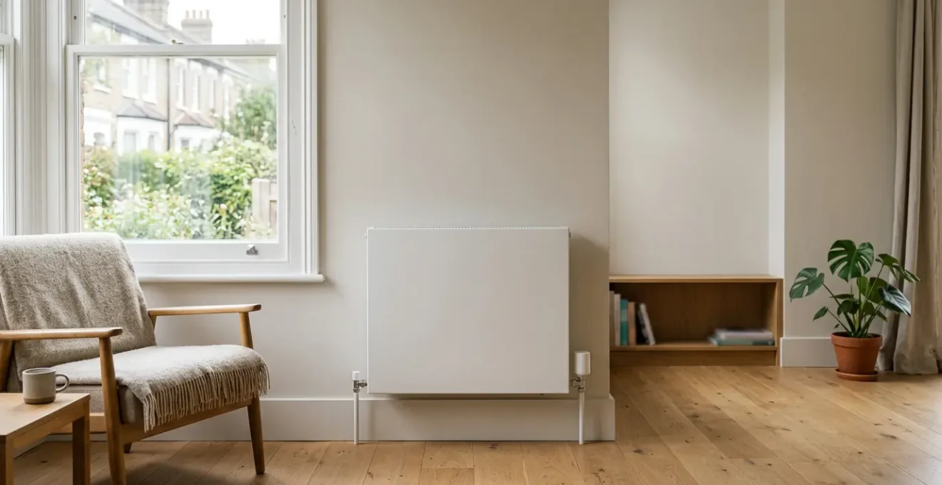 Modern UK home interior with subtle smart heating technology integration showing wireless thermostat and comfortable living space