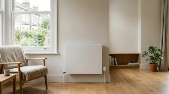 Modern UK home interior with subtle smart heating technology integration showing wireless thermostat and comfortable living space