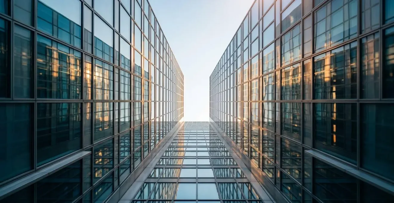 Abstract visual representation of GPS signal reflection between tall glass buildings in urban canyon