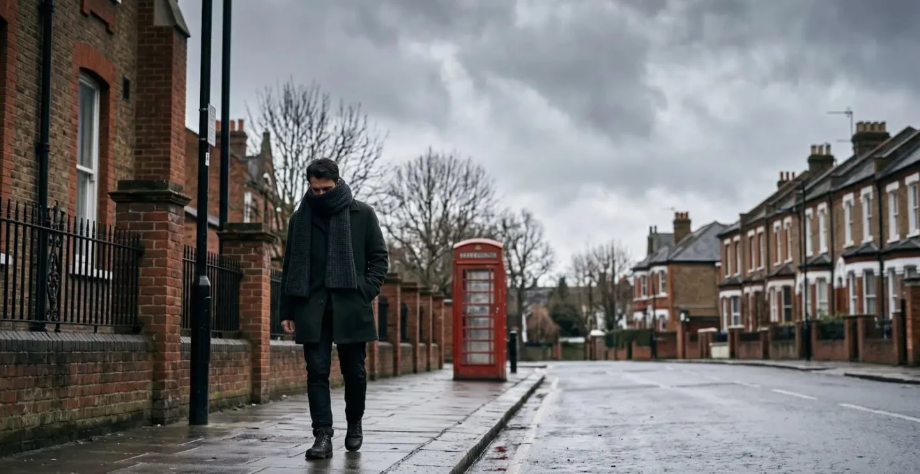 Environmental wide shot of a person wearing a winter scarf in a UK urban setting with negative space, capturing the cultural context of face coverings in British winter