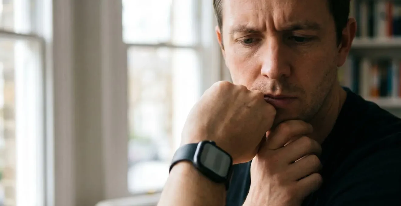 Close-up of person contemplating smartwatch health metrics with thoughtful expression