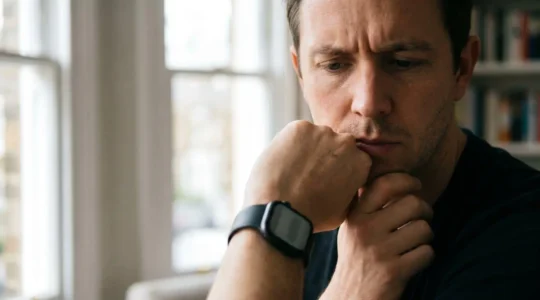 Close-up of person contemplating smartwatch health metrics with thoughtful expression