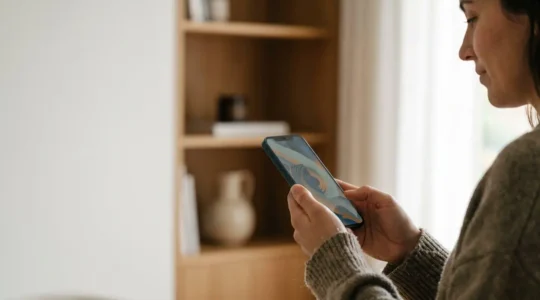 Person holding smartphone examining technical camera specifications with natural lighting creating thoughtful atmosphere
