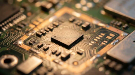 Close-up of a modern smartphone security chip with cryptographic circuitry on circuit board representing hardware-level data encryption