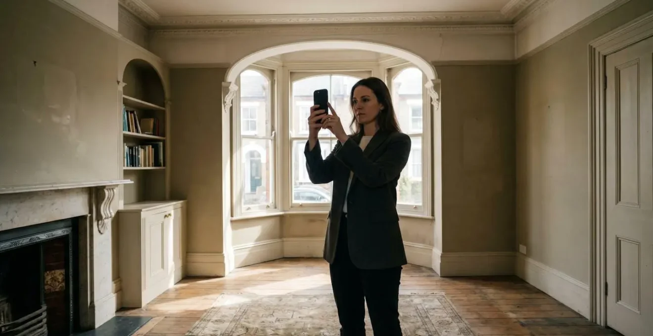 Professional contractor using iPhone LiDAR scanner to capture 3D measurements of a Victorian period room interior with bay windows and original architectural features