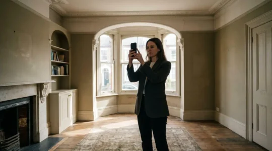 Professional contractor using iPhone LiDAR scanner to capture 3D measurements of a Victorian period room interior with bay windows and original architectural features