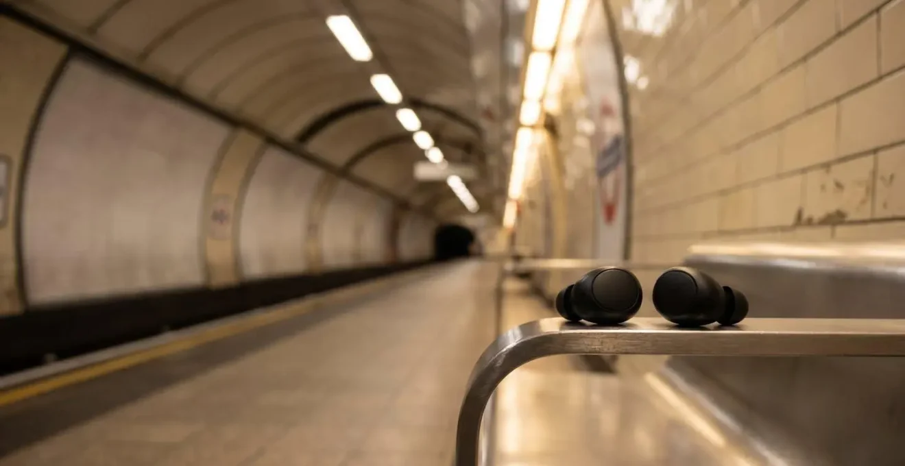 Modern commuter wearing wireless earbuds on underground train platform, subtle atmospheric lighting highlighting protective audio technology