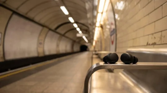 Modern commuter wearing wireless earbuds on underground train platform, subtle atmospheric lighting highlighting protective audio technology