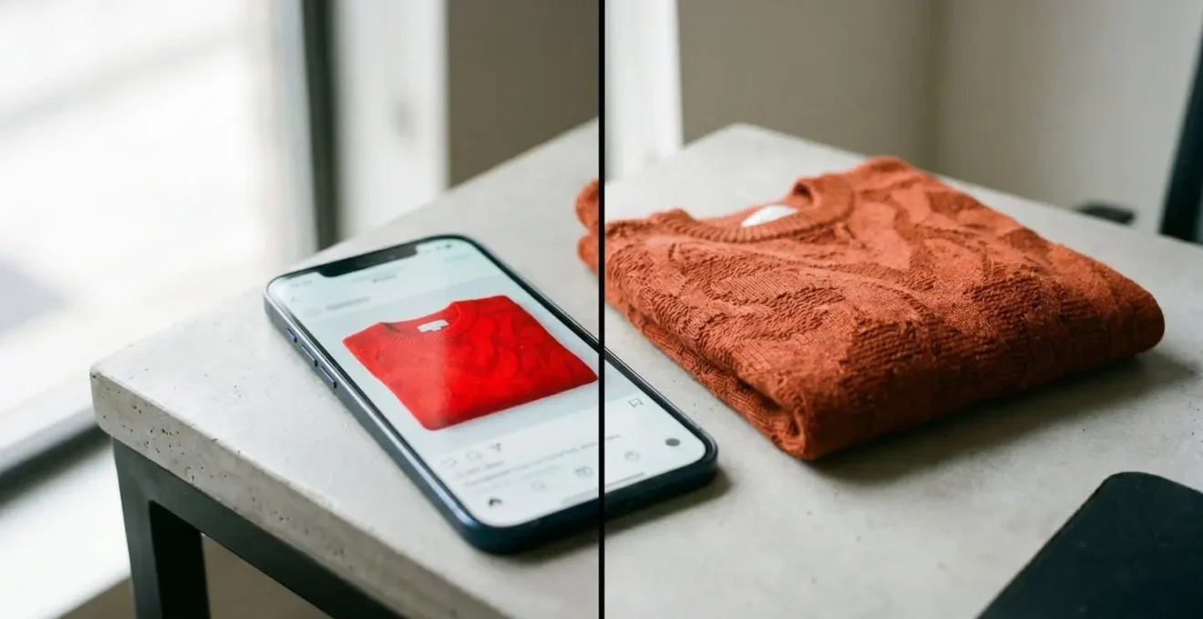 Professional photograph showing the contrast between digital and physical product color perception in online shopping