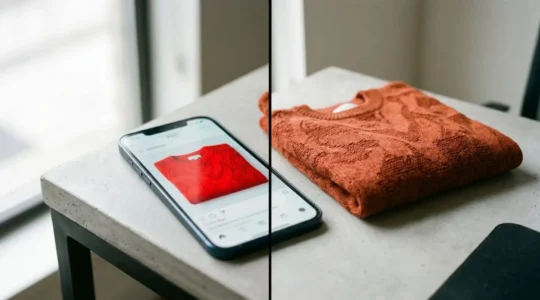 Professional photograph showing the contrast between digital and physical product color perception in online shopping