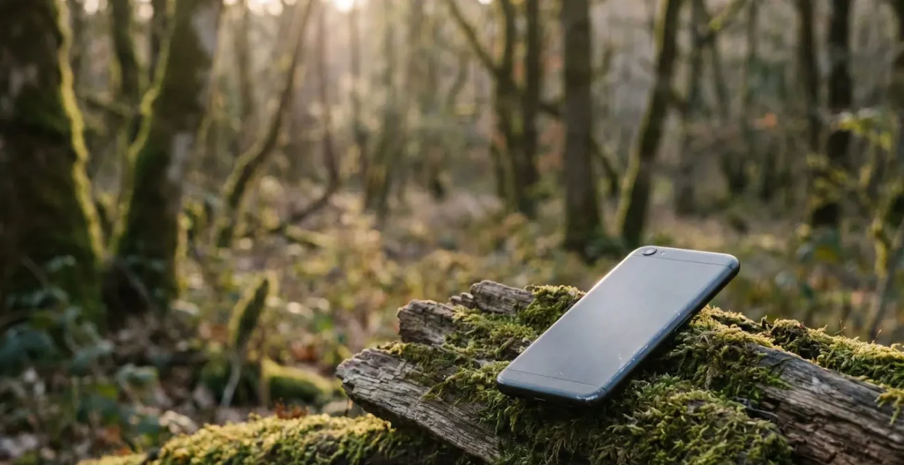 Refurbished smartphone in natural setting representing environmental sustainability