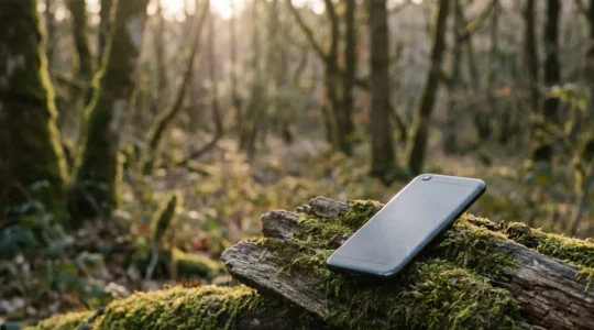 Refurbished smartphone in natural setting representing environmental sustainability
