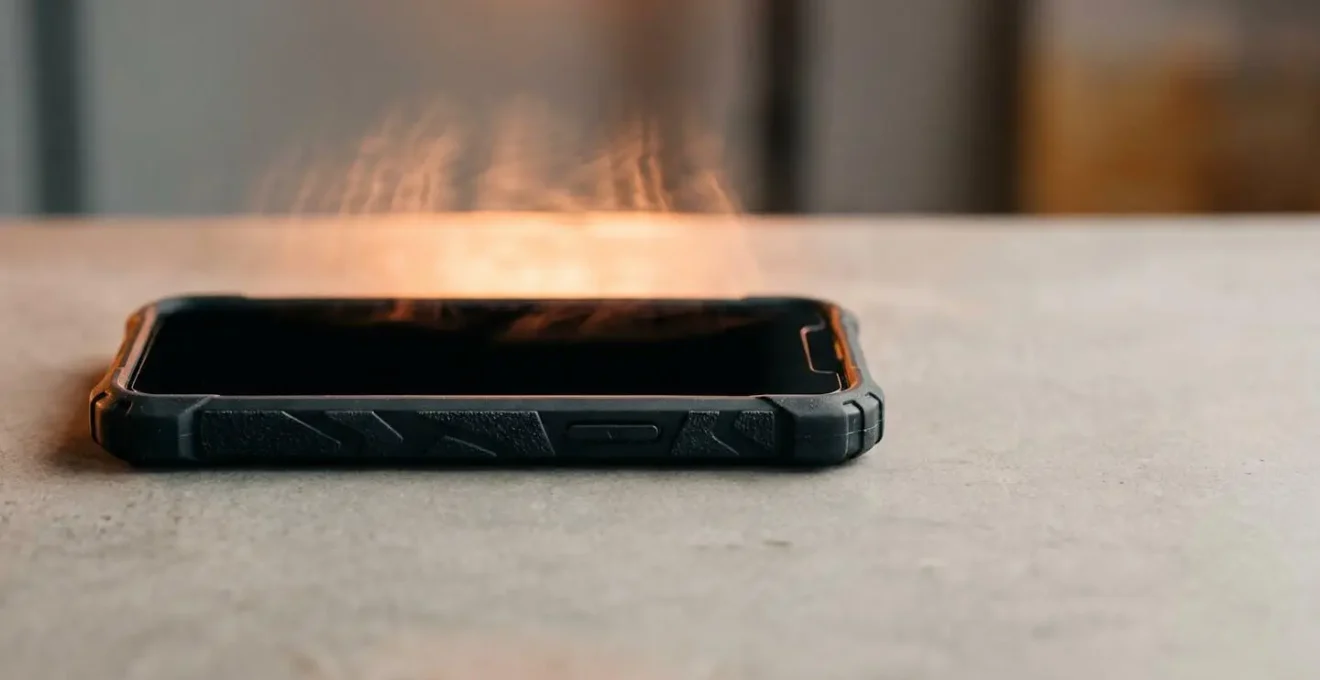 Close-up of a modern smartphone with a thick protective case showing heat waves rising from the device surface