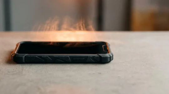 Close-up of a modern smartphone with a thick protective case showing heat waves rising from the device surface