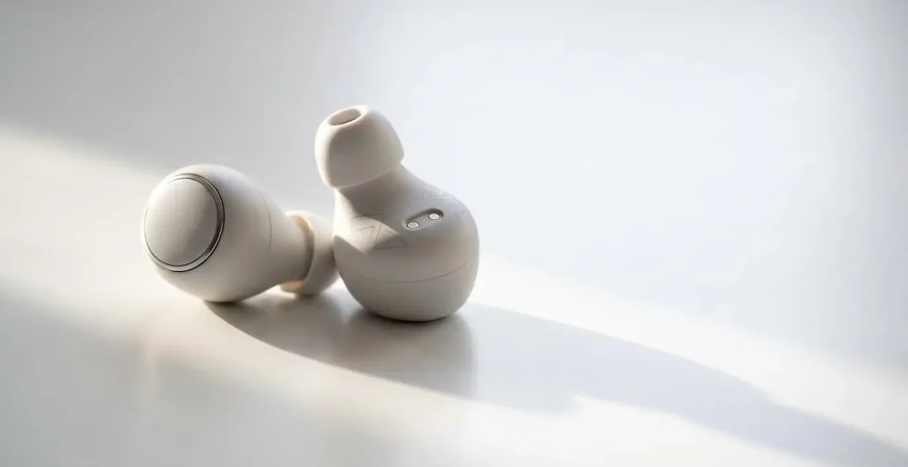 Close-up of true wireless earbuds with visible battery compartment showing degradation concepts